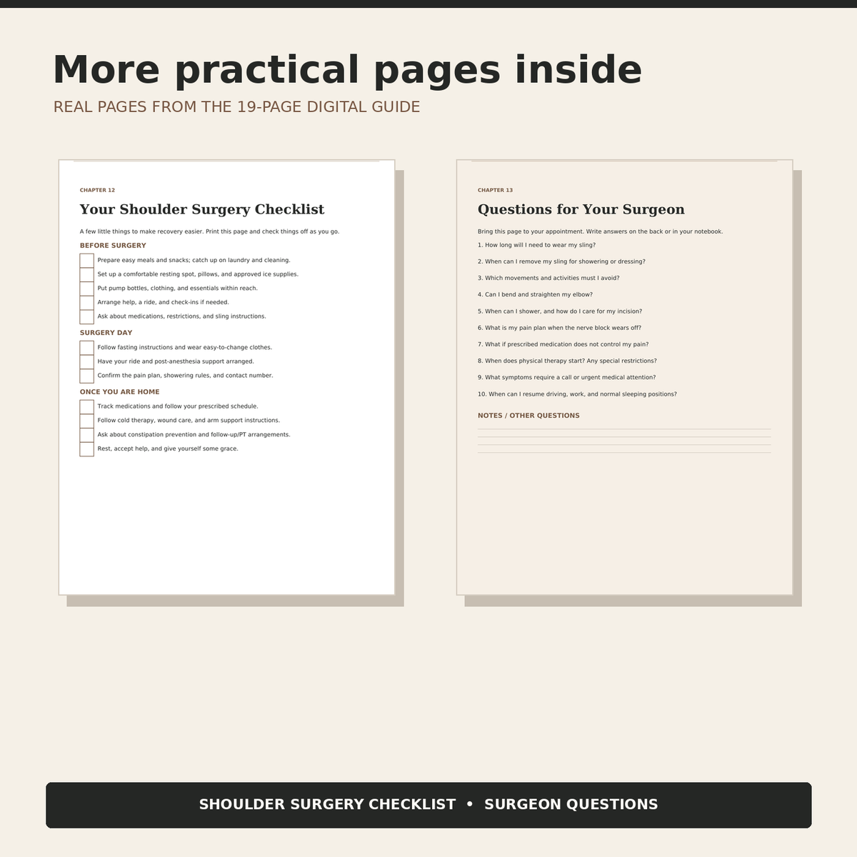 Actual printable shoulder surgery checklist and questions for your surgeon pages