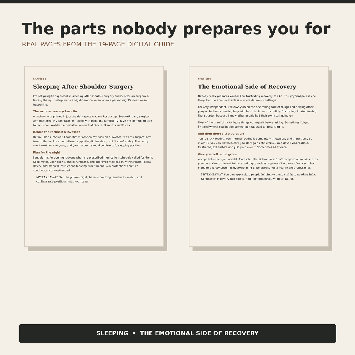 Actual guide pages about sleeping after shoulder surgery and the emotional side of recovery